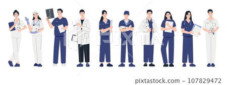 Doctors and medics. Cartoon medical workers in uniform giving treatment and care, medical clinic stuff with doctors and nurses in white coats. Vector set 107829472