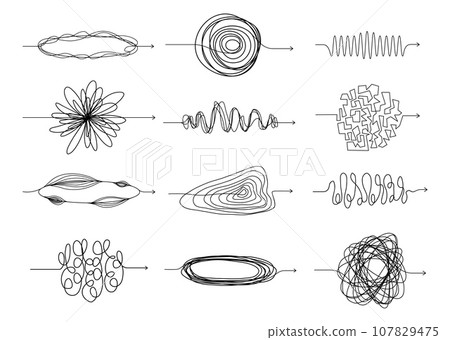 Messy line arrows. Doodle spiral path with different forms of writing, chaotic knot and squiggles. Vector doodle isolated set Messy line arrows. Doodle spiral path with different forms of writing, chaotic knot and squiggles. Vector doodle isolated set 107829475
