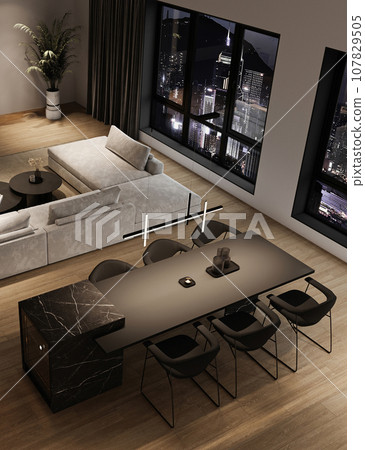Modern minimalism interior livingroom with large modular sofa, night city view and marble kitchen island. 3d rendering. High quality 3d illustration 107829505