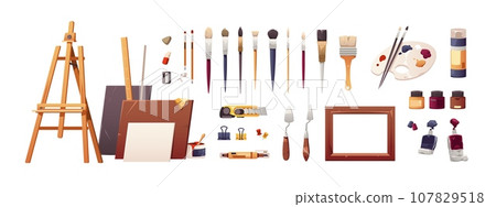 Painting accessories. Cartoon colored paintbrush knife palette brush, professional craft materials for painting, home studio concept. Vector set Painting accessories. Cartoon colored paintbrush knife palette brush, professional craft materials for painting, home studio concept. Vector set 107829518