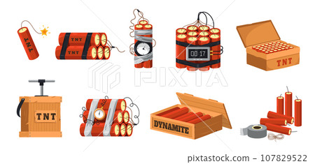 Cartoon dynamite. Military explosive with timer, detonator and fuse, dangerous blasting tool for mining and construction. Vector isolated set Cartoon dynamite. Military explosive with timer, detonator and fuse, dangerous blasting tool for mining and construction. Vector isolated set 107829522