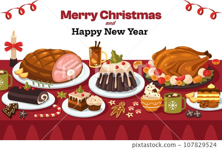Christmas dishes on table. Cartoon winter holiday traditional meal with roasted turkey pork and vegetables, sweet holiday dessert. Vector illustration Christmas dishes on table. Cartoon winter holiday traditional meal with roasted turkey pork and vegetables, sweet holiday dessert. Vector illustration 107829524