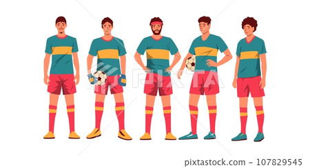 Soccer team players. Cartoon male characters in uniform standing together, group of active guys in sport clothes. Vector collection 107829545