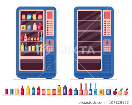 Full vending machine. Automatic snack and beverage dispenser with snacks and beverages, fresh cold and hot products. Vector vending machine with snacks and beverages set Full vending machine. Automatic snack and beverage dispenser with snacks and beverages, fresh cold and hot products. Vector vending machine with snacks and beverages set 107829552