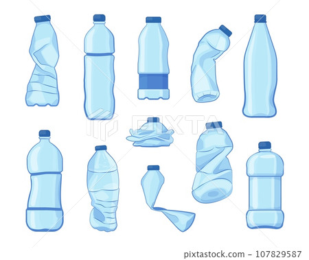 Crumpled bottles. Broken plastic bottles, crushed empty plastic containers, recycle garbage eco concept. Vector isolated set Crumpled bottles. Broken plastic bottles, crushed empty plastic containers, recycle garbage eco concept. Vector isolated set 107829587