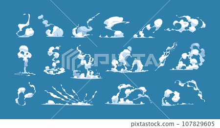 Steam clouds set. Cartoon blue fog and steam trail for kids game, air flow and wind effect for UI design. Vector isolated collection 107829605
