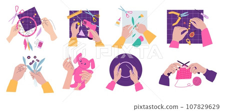 DIY handkraft. Traditional handmade needlework embroidery, needlecraft and handcrafted decorative accessories. Vector cartoon set DIY handkraft. Traditional handmade needlework embroidery, needlecraft and handcrafted decorative accessories. Vector cartoon set 107829629