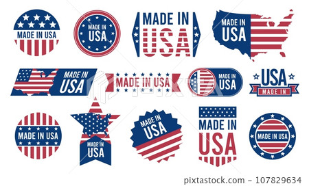 Made in USA labels. Retro patriotic stickers with national american flag stripes, national american state map emblem, domestic product quality guarantee. Vector set 107829634