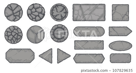 Stone menu buttons. Medieval cracked border UI elements, old granite block frame icons for mobile app user interface. Vector isolated set 107829635