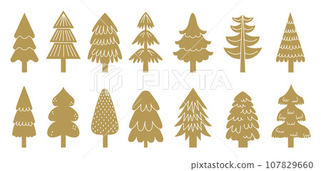 Golden christmas tree icons of collection for holiday 107829660