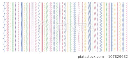 Colorful stitches pattern. Seam and straight embroidery cross variations, brush stitching zigzag and zag borders, fabric decoration. Vector isolated set 107829682