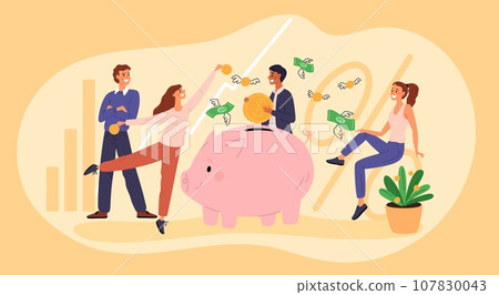 Saving money. People planning company budget. Startup fundraising. Financial literacy. Friends start business. Piggy bank. Economy growth chart. Banknotes and coins. Garish vector concept Saving money. People planning company budget. Startup fundraising. Financial literacy. Friends start business. Piggy bank. Economy growth chart. Banknotes and coins. Garish vector concept 107830043