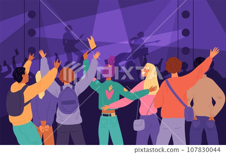 Public at concert. Audience backs. Young people listen to music. Rock band performance. Fans crowd standing near stage. Musicians support. Nightclub entertainment. Garish vector set 107830044