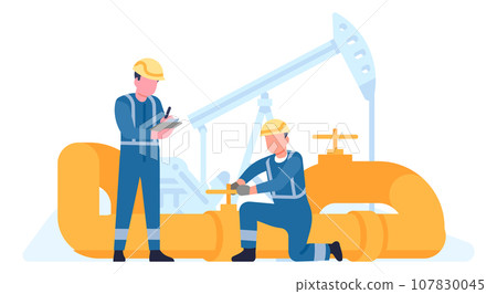 Oil petroleum industry. Worker turning pipeline valve. Petrol equipment. Petrochemical factory production. Fuel extraction. Engineer in uniform. Gasoline pump control. Vector concept 107830045