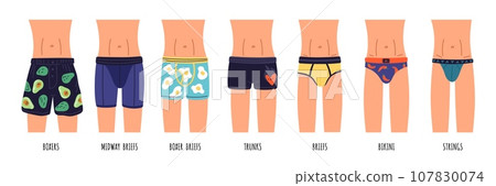 Man underwear types wearing on body. Male fashion model in various underpants. Casual clothes elements. Cotton underclothes. Boxers and shorts. Boys undergarment. Garish vector concept Man underwear types wearing on body. Male fashion model in various underpants. Casual clothes elements. Cotton underclothes. Boxers and shorts. Boys undergarment. Garish vector concept 107830074