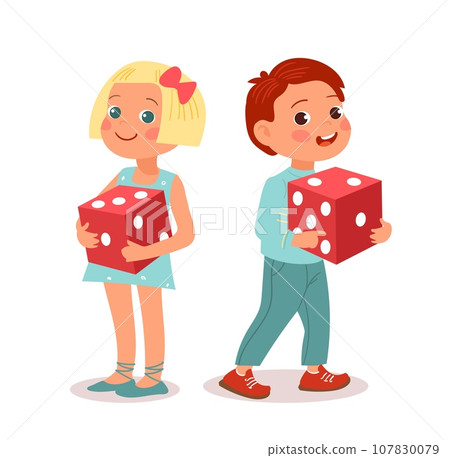 Kids with dices. Boy and girl hold red cube in their hands. Children play board games. Little people entertainment. Fortune gaming. Gamers toy. Happy babies. Lucky throw. Vector concept 107830079