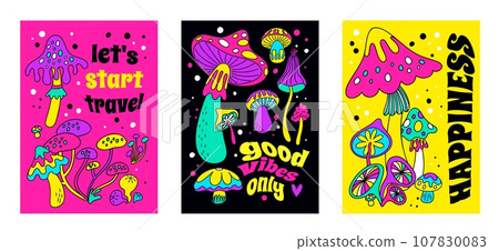 Hippie mushroom posters. Magic acid fungi. Psychedelic colorful objects. Bright fantasy plants. Groovy vintage element. Hallucination fungus. Inspirational lettering. Garish vector set Hippie mushroom posters. Magic acid fungi. Psychedelic colorful objects. Bright fantasy plants. Groovy vintage element. Hallucination fungus. Inspirational lettering. Garish vector set 107830083