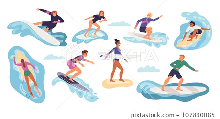 Happy surfers characters. Cartoon people catch and dissect sea waves on boards. Extreme beach sport. Guys and girls at surfboards. Summer vacation. Swimming athletes. Garish vector set 107830085