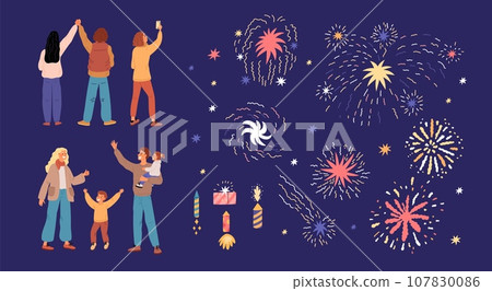 Happy people and fireworks. Festive explosive devices. Pyrotechnic items. Firecrackers and color lights. Holiday celebration. Joyful friends and parents with children. Garish vector set 107830086