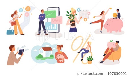 Financial literacy and management. People planning budget income. Proper money distribution. Persons invest in various life spheres. Piggy bank. Mortgage payment. Garish vector set Financial literacy and management. People planning budget income. Proper money distribution. Persons invest in various life spheres. Piggy bank. Mortgage payment. Garish vector set 107830091