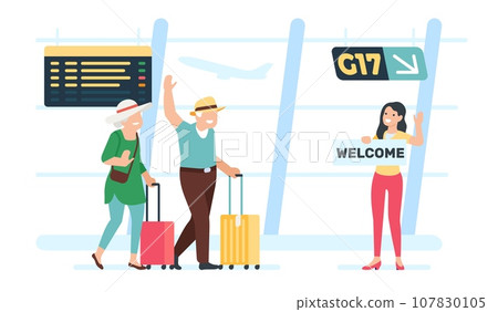 Daughter meets her parents in arrivals terminal of airport. Airplane travel. Happy elderly couple. Grandparents with baggage. Senior family vacation. Aircraft passengers. Vector concept Daughter meets her parents in arrivals terminal of airport. Airplane travel. Happy elderly couple. Grandparents with baggage. Senior family vacation. Aircraft passengers. Vector concept 107830105