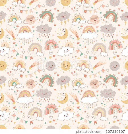 Cute rainbows seamless pattern. Boho style nursery print. Repeated baby elements. Smiling sun and moon. Rain cloud. Star and planet. Cartoon funny weather icons. Recent vector background 107830107