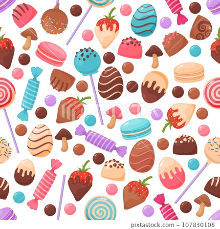 Cute candies seamless pattern. Tasty sweets. Repeated sugar products. Fruit caramel. Assorted confectionery. Strawberry with chocolate glaze. Toffee or macaroon. Recent vector background 107830108