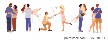 Couples in love. Romantic relationships. Wedding propose. Happy people embrace. Lovers and sweethearts. Cartoon men and women hugging. Girlfriend and boyfriend dating. Garish vector set 107830111