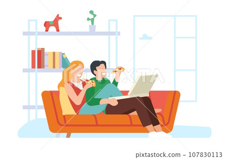 Couple eating pizza together. Man and woman sitting on couch. Friends rest. Dinner in living room. Cozy home relax. Unhealthy food. People on sofa. Family lifestyle. Vector concept 107830113
