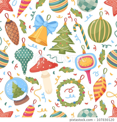 Christmas tree toys seamless pattern. Cartoon decorative elements. New Year glass balls. Festive bells and stars. Merry Xmas print. Winter holiday garland. Recent vector background 107830120