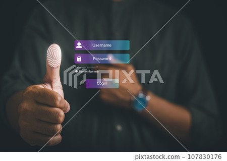 Ensure your privacy with thumbs up and virtual fingerprint scan. Biometric identity verification access password for comprehensive technology security. Protect personal information in digital realm 107830176
