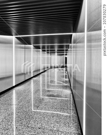 Black and white photo of the tunnel with LED lighting elements. 107830279