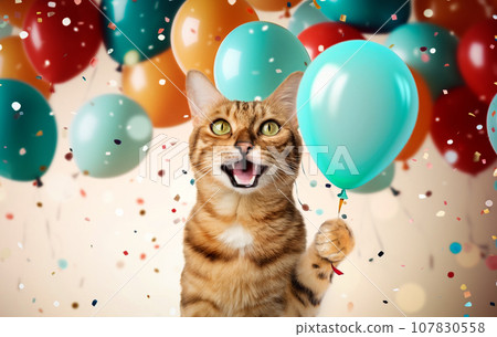 Funny portrait of a happy smiling bengal cat on a festive background with balloons and confetti. 107830558