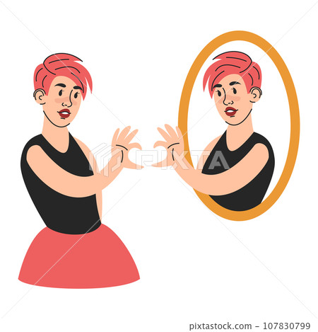 Woman looking in the mirror and loves reflection 107830799