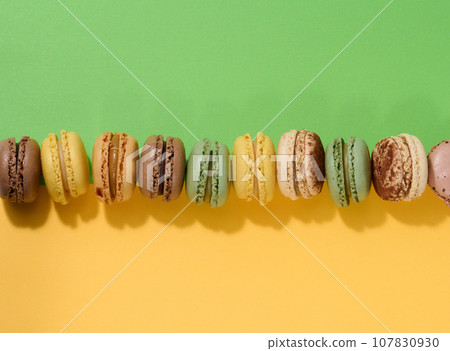 Assortment of colorful macarons, top view 107830930