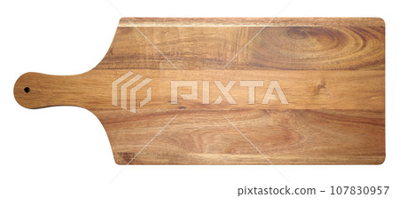 Empty rectangular wooden kitchen cutting board with handle on white isolated background Empty rectangular wooden kitchen cutting board with handle on white isolated background 107830957