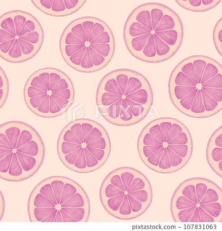 Citrus fruit seamless pattern. Colorful vivid print with juicy lemon slices. Repeated luxury design for packaging, cosmetic, menu, cafe, textile. Realistic detailed illustration. 107831063
