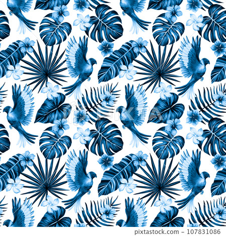 Tropical seamless pattern. Colorful vivid print with beautiful palm jungle leaves, flowers and lorikeet parrots. Repeated luxury design for packaging, cosmetic, fashion, textile, wallpaper. Tropical seamless pattern. Colorful vivid print with beautiful palm jungle leaves, flowers and lorikeet parrots. Repeated luxury design for packaging, cosmetic, fashion, textile, wallpaper. 107831086