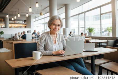 Elderly modern woman with grey hair and glasses working for laptop in coffee shop. Mature woman at coffee shop. use of modern technologies by older people. Generative AI 107831212