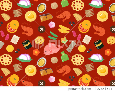 Background wallpaper material with osechi cuisine pattern, red 107831345