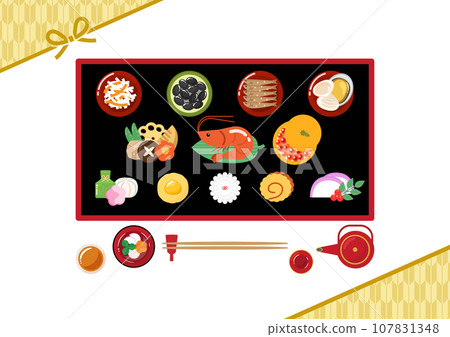 日本圖案框架、osechi 菜餚、zoni 和 toso 日本圖案框架、osechi 菜餚、zoni 和 toso 107831348