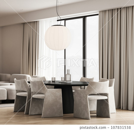 Modern nature style livingroom interior design with dining table and panoramic window background. 3d rendering. High quality 3d illustration Modern nature style livingroom interior design with dining table and panoramic window background. 3d rendering. High quality 3d illustration 107831538