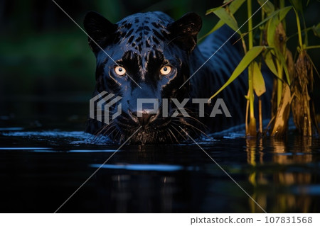 Mysterious black jaguar in the jungle crossing the river Mysterious black jaguar in the jungle crossing the river 107831568