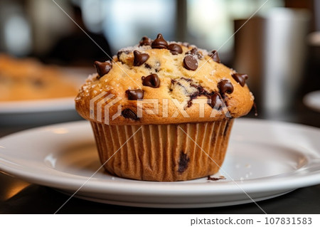 Chocolate chip muffins on plate 107831583