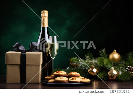 Christmas gift hamper with bottle of sparkling wine and golden balls. Generative AI 107831921