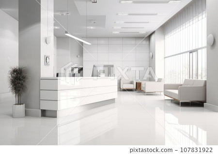 Hospital hallway. Empty reception counter at medical facility. Generative AI 107831922