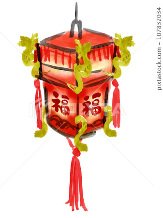 A gorgeous red and gold lantern with Chinese New Year's fortune written on it. 107832034