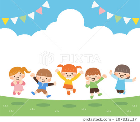Illustration material of energetic children jumping and blue sky 107832137