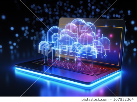 neon light showing cloud computing on tablet computer. neon light showing cloud computing on tablet computer. AI Generative. 107832364