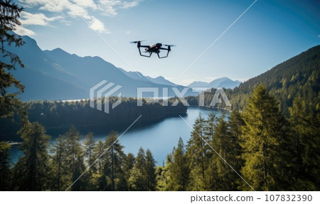 Drone flying overhead in cloudy sky. AI Generative. 107832390